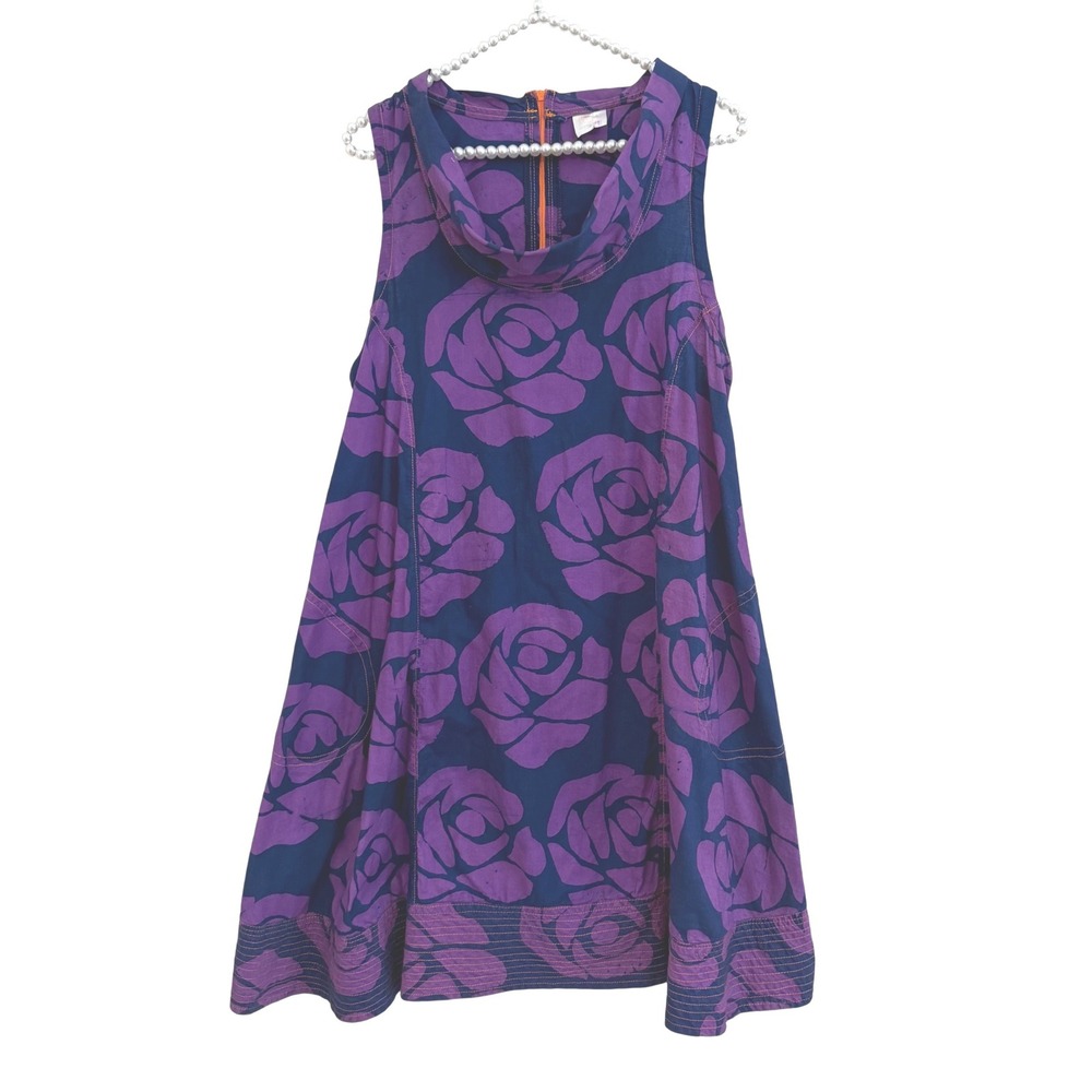 Global Mamas Purple Rose Batik Cotton Cowl Neck Dress with Pockets Size M Ghana